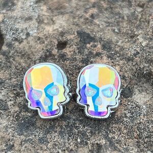 Skull post earrings made with aurora borealis Swarovski crystal